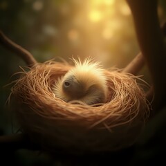 A close-up photograph of a small bird with a fuzzy appearance nestled inside a wooden nest, illuminated by a soft, warm glow in the background.