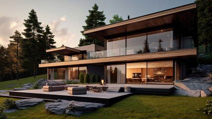Modern Wooden House in a Forest Setting