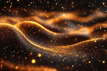 A Christmas background featuring a gold light chain texture with dark abstract sparkles, golden overlay, and bokeh glitter, complemented by shiny black glitter