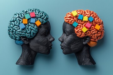The idea of positive and negative perspectives conveyed using heads adorned with vibrant cubes