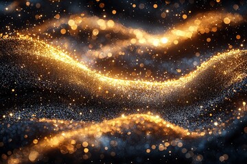 Naklejka premium Dark abstract overlay background with bokeh lights casting golden glitter dust sparkles