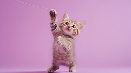 Playful kitten with pink string on pastel background during a bright indoor moment