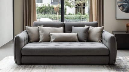 Fototapeta premium Modern grey sofa with decorative cushions displayed in a stylish living room setting