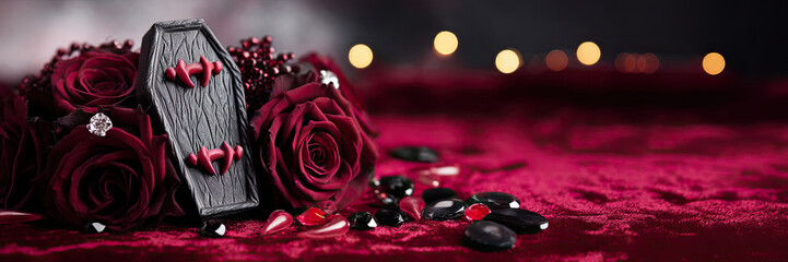 Gothic Halloween Still Life Dark Roses Coffin Gems