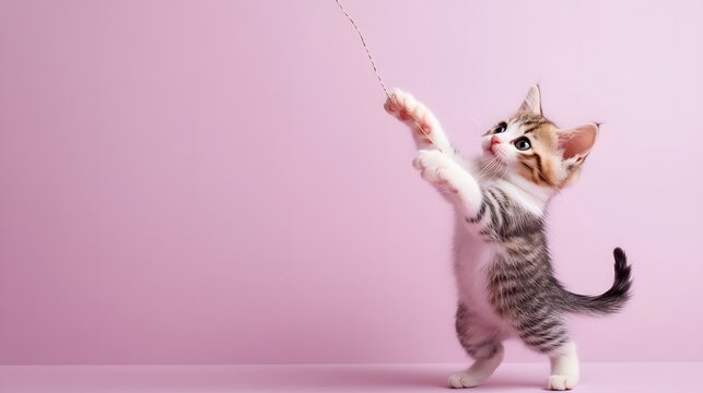 Playful kitten with pink string on pastel background during a bright indoor moment