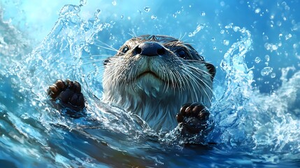 Cute otter swimming in clear blue water and creating splashes on a sunny day in a serene aquatic environment