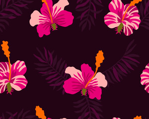 Hawaiian seamless texture with hibiscus and palm leaf. Tribal pattern zebra and tiger on tropical leaves. Vector illustration for fabric, interior decor and cover.