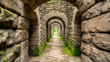 Fototapeta premium Abandoned Medieval Alley with Crumbling Stone Arches and Overgrown Pathway Surrounded by Nature