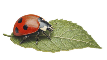 Naklejka premium A meticulously detailed illustration depicts a ladybug resting on a vibrant green leaf against a stark black backdrop.