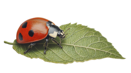 A meticulously detailed illustration depicts a ladybug resting on a vibrant green leaf against a stark black backdrop.