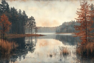 Fototapeta premium Abstract oil painting capturing the essence of an autumn landscape. A forest and pond form the backdrop in an impressionist style under a hazy fall morning