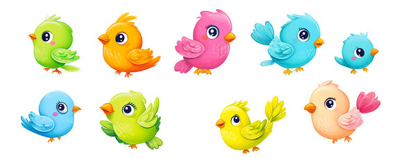 Obraz premium Set of colorful cartoon birds isolated on a transparent background