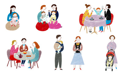 手描きイラスト　子育て世代　男性と女性と赤ちゃんのセット