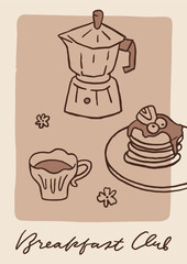 Whimsical coffee lover poster. Coffee club and breakfast club concept. Hand drawn trendy coffee card design. Coffee core kitchen or cafe poster template