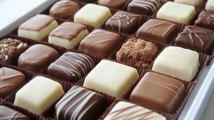 Fototapeta premium A beautifully arranged assortment of gourmet chocolates in a box, showcasing various textures and colors