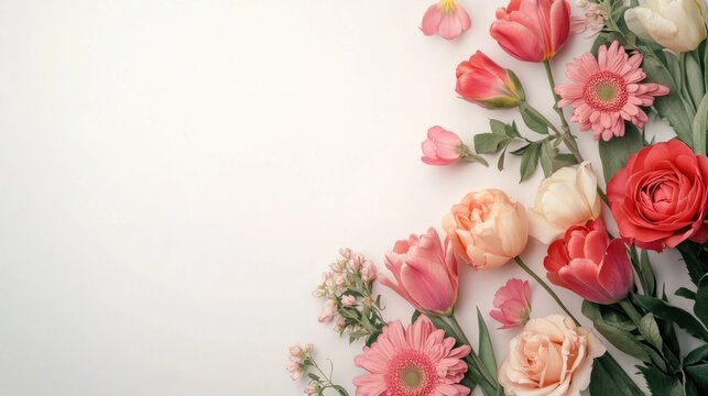 Flat lay of various pink, red, and white flowers on white background.