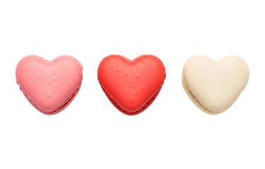 Fototapeta premium Pastel Heart-Shaped Macarons in Pink, Red & White – Elegant Dessert Set on White Background