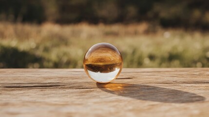 A crystal ball resting on a wooden surface, reflecting nature's beauty in the background