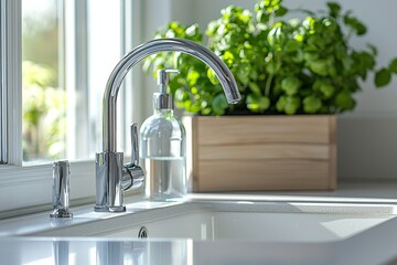 Home decor布置 includes artificial potted herbs on a white marble countertop near the sink