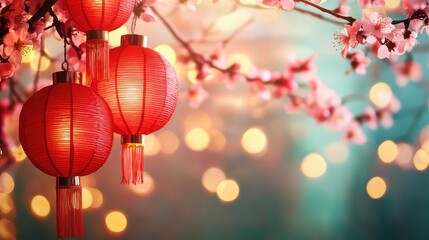 Obraz premium Illuminated red lanterns with elegant tassels hanging from cherry blossom branches, surrounded by glowing bokeh lights. Ideal for Chinese New Year, cultural events, and festive designs