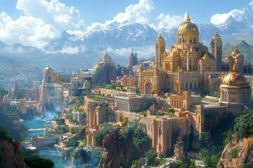 Fototapeta premium Surreal alien planets host futuristic cities with distinctive architecture, inhabited by intergalactic civilizations amid breathtaking landscapes