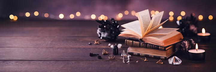 Mystical Still Life Open Book Crystals Candles Bokeh Lights