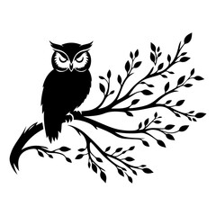 Vector silhouette of the branch with an owl on a white background. Symbol of nature