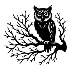 Obraz premium Vector silhouette of the branch with an owl on a white background. Symbol of nature