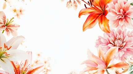 Obraz premium Floral frame with lilies, peonies, and cherry blossoms on white background.