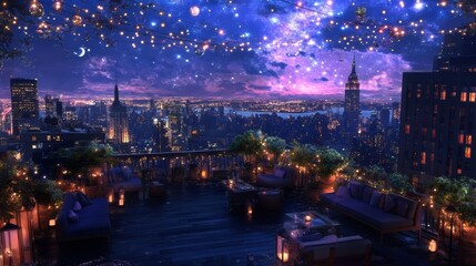 Enchanting Rooftop Terrace View of City Skyline at Night Under Starry Sky