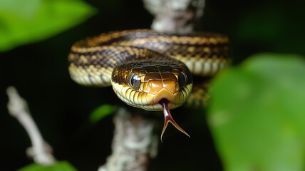  boa constrictor rests on a moss covered branch amidst lush green foliage in a dense rainforest setting

