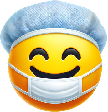  Emoji surgeon characters, emojis medical doctors and nurse emoticons wearing surgical hat and face mask elements on a transparent background.