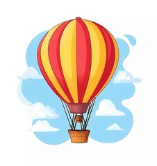 Hot air balloon, a flat vector illustration with a white background, featuring a simple design and color scheme. The illustration uses red and yellow colors in a cartoon style, with a minimalistic app