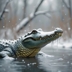 Obraz premium A crocodile is partially submerged in icy water, with snow covering its snout and icicles hanging from its mouth