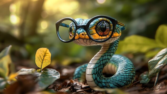 A cute snake wearing glasses, macro photography, photorealistic landscapes