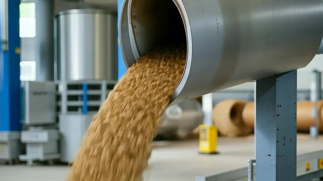 Wood pellets pouring from a metal pipe in an industrial setting.


