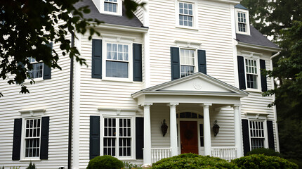 Obraz premium Classic White House with Columns and Porch, Beautiful Home Exterior, Real Estate