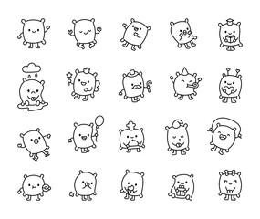 Pillow character set with kawaii cartoon emotions and cute accessories featuring magic, fairy, party hat, balloon, ice skating, gift, donut, and more delightful designs