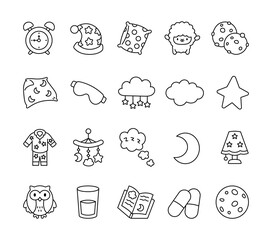 Bedtime sleep object set with cute illustrations of pillow, cloud, star, moon, pajamas, sheep, cookies, nightcap, mobiles, eye mask, blanket, and dreamy accessories for relaxation
