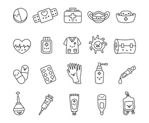 Medicine health set featuring cute kawaii cartoon characters with pills, bandages, nurse hats, syringes, gloves, sprays, thermometers, and smiling medical tools for healthcare support