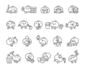 Set of chestnut characters performing fun cleaning tasks using household tools in cute kawaii cartoon style, showcasing emotions, activities for creative domestic illustrations