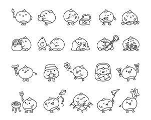 Set of cute kawaii chestnut at a picnic character featuring, marshmallow at a stick, guitar, kite, butterfly, barbecue, mug, basket, flowers and more for creative illustrations