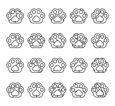 Set of adorable taba paw animal prints with unique different details and soft shapes in outline illustrated clip art design for your creative stylish projects