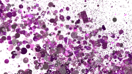 Vibrant purple glitter confetti explosion on white. Ideal for festive designs, celebrations, and party themes.