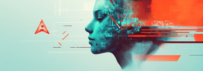 Blue and orange abstract illustration featuring a minimalist AI robot head with geometric patterns and human faces