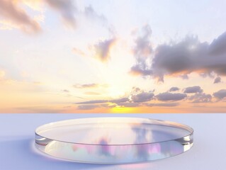 A clear glass bowl with a reflection of the sky and clouds. The sky is a beautiful orange and pink color, and the clouds are white and fluffy. The bowl is placed on a white surface