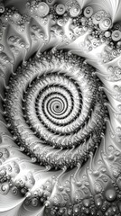 Intricate spiral pattern of textured shapes in black and white revealing fascinating geometry