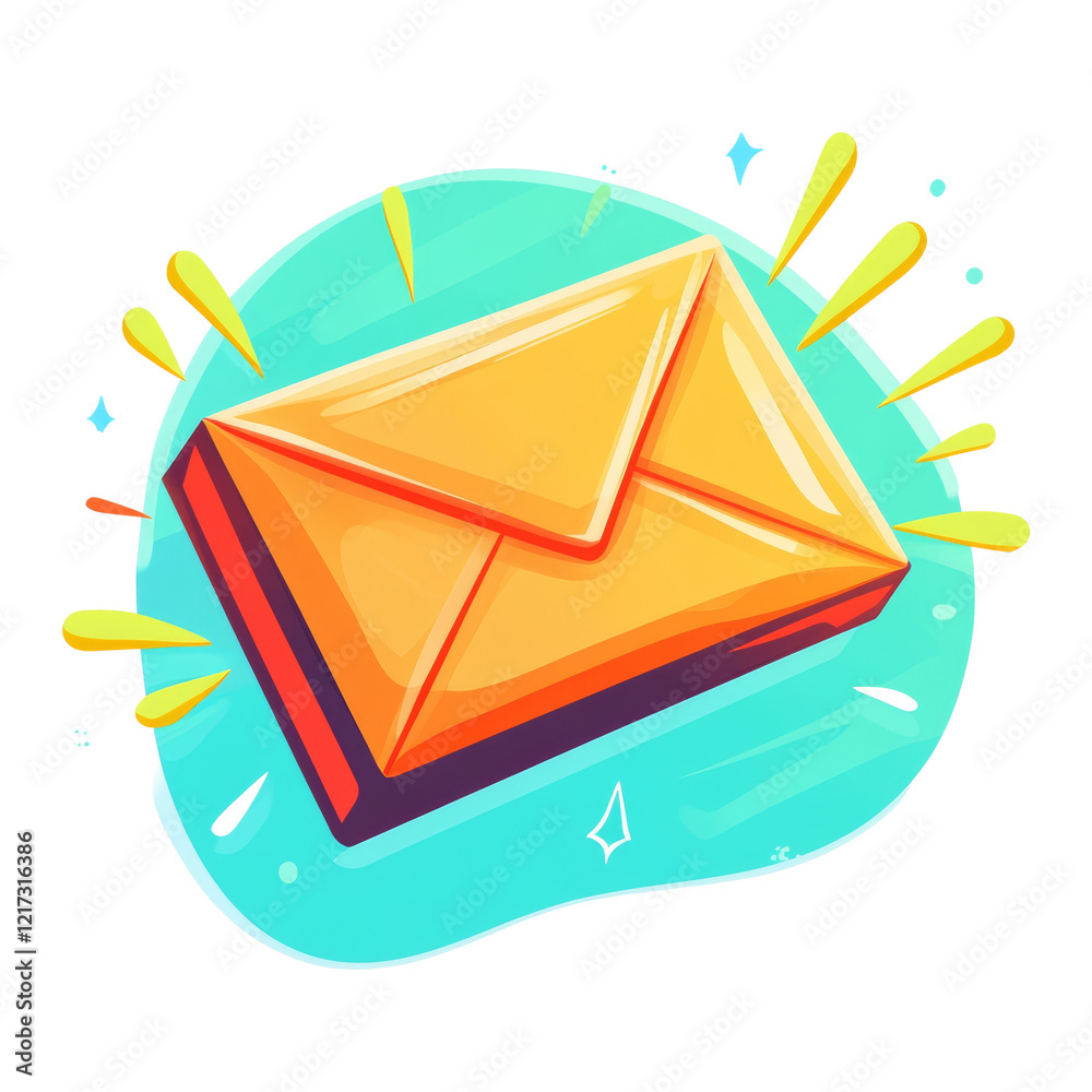 Poster a stylized illustration of an orange envelope on a teal background with bright yellow accents sugges