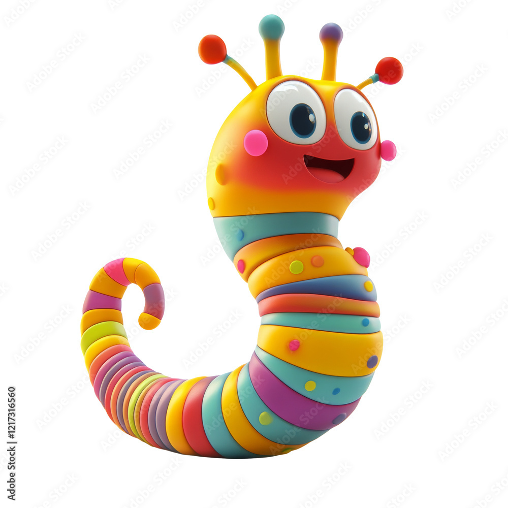Poster a 3d rendered image of a happy rainbow-colored cartoon worm with a cheerful expression.