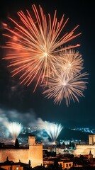 Fireworks over an ancient city wall, blending history and modern celebration in a stunning display